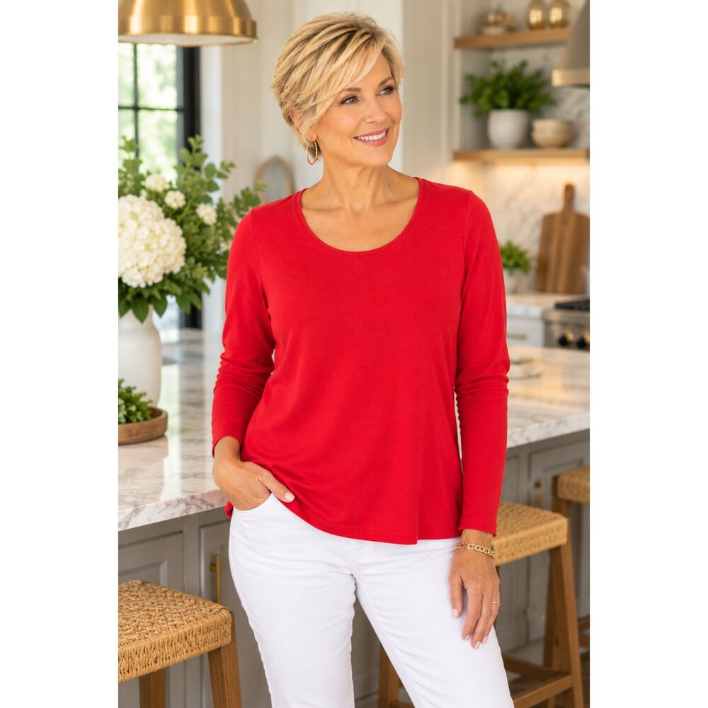 J. Jill Perfect Pima Cotton Tee Size L Red Long Sleeve Scoop Neck Soft Minimal